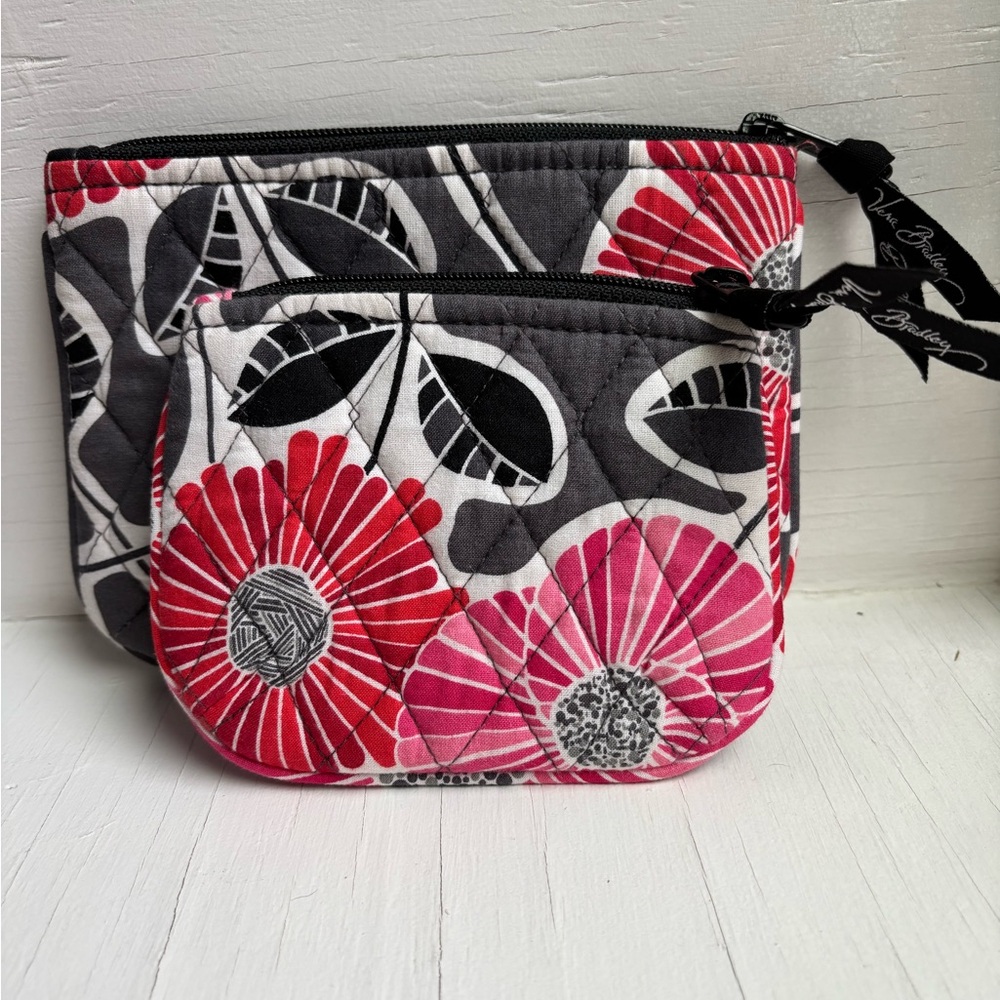Vera Bradley Cherry Blossoms Zip Pouch Set Retired EUC Floral Pink Red Grey Case